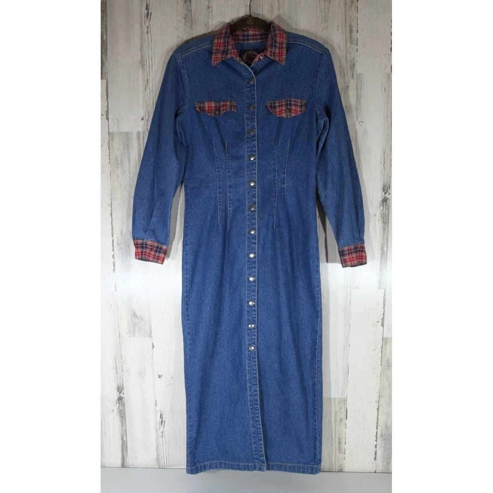 Paris Blues Denim Maxi Dress 11 Blue Red Plaid Trim Snap Front Vintage 90s USA